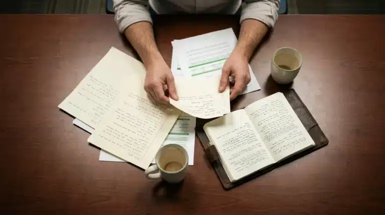 Overhead view of a person's hands sifting through a collection of internal business documents, handwritten notes, and a worn journal on a dark wood table, highlighting overlooked assets for growth.