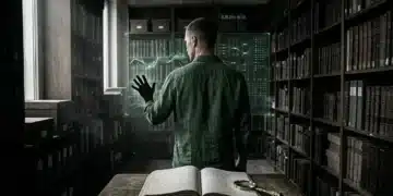 A person in a linen shirt in a dusty archive room, with one hand reaching towards a modern holographic market data visualization and the other near an open, antique ledger on a weathered oak table, illustrating the evolution of forecasting.