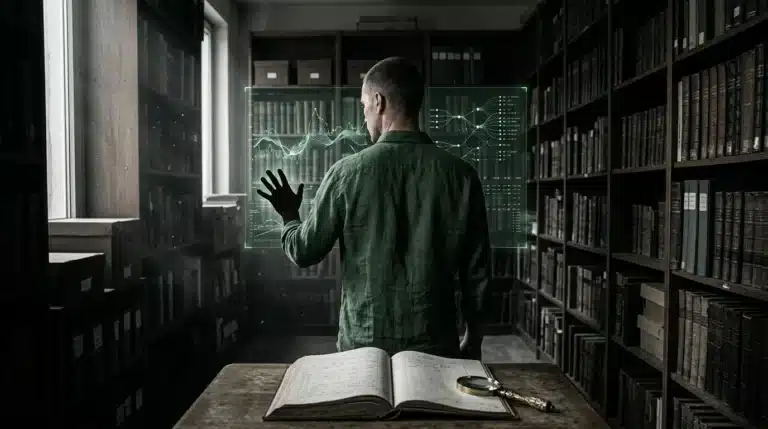 A person in a linen shirt in a dusty archive room, with one hand reaching towards a modern holographic market data visualization and the other near an open, antique ledger on a weathered oak table, illustrating the evolution of forecasting.