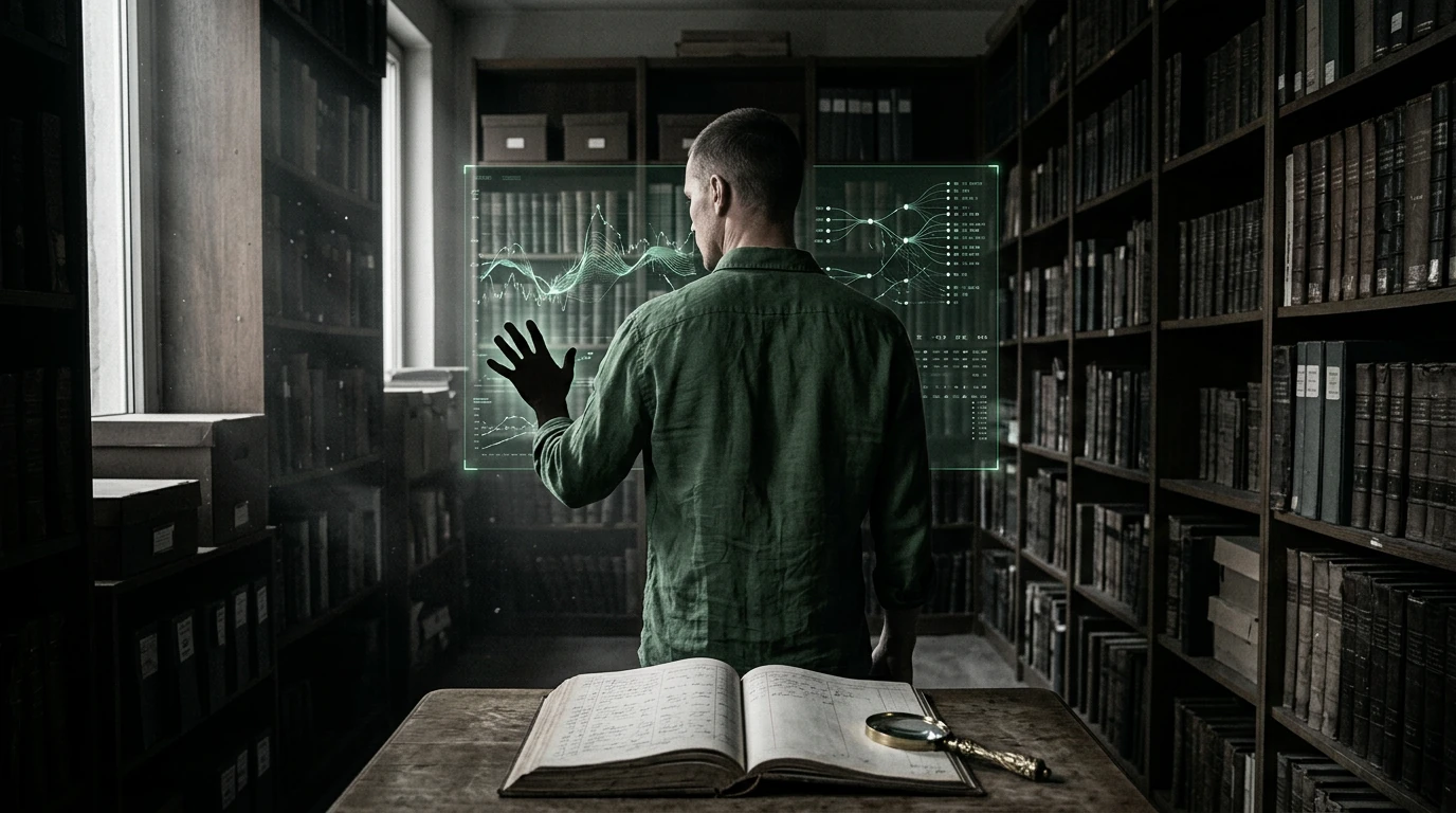 A person in a linen shirt in a dusty archive room, with one hand reaching towards a modern holographic market data visualization and the other near an open, antique ledger on a weathered oak table, illustrating the evolution of forecasting.