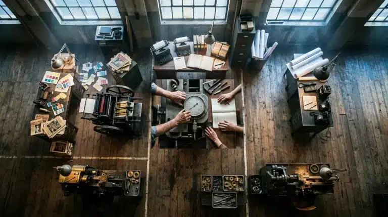 Bird's-eye view of a bustling company workshop, hands adjusting diverse tools and materials representing different departments, symbolizing enterprise-wide agile adaptation.