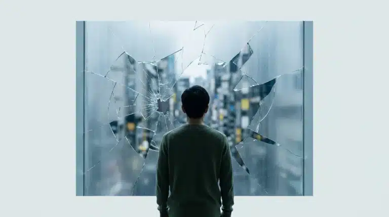 A person viewed from behind, contemplating a large, shattered pane of frosted glass that reflects a blurred, chaotic cityscape, symbolizing the challenges of traditional leadership amidst market disruption.