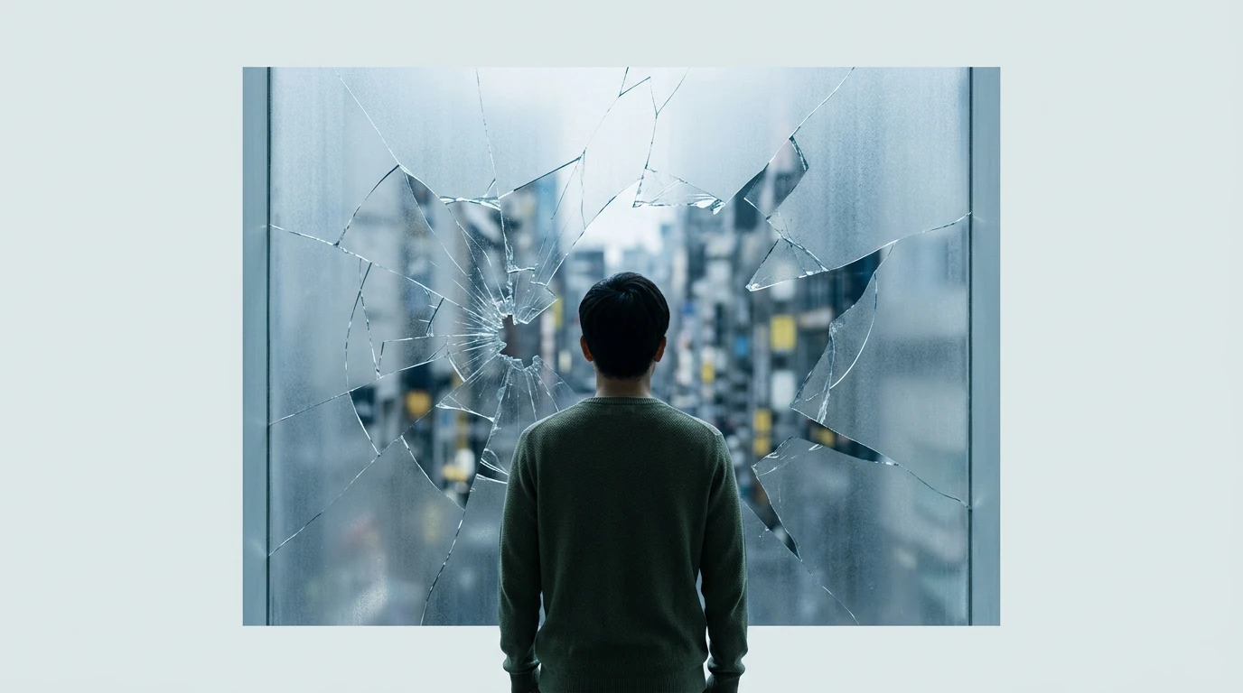 A person viewed from behind, contemplating a large, shattered pane of frosted glass that reflects a blurred, chaotic cityscape, symbolizing the challenges of traditional leadership amidst market disruption.
