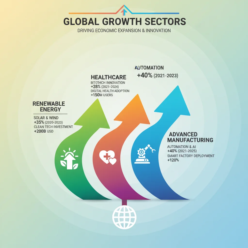 Infographic showing growth trends in renewable energy, healthcare, and advanced manufacturing