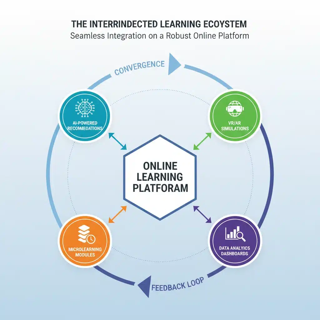 Infographic detailing integrated learning technologies in modern corporate training platforms, including AI, VR, and analytics.