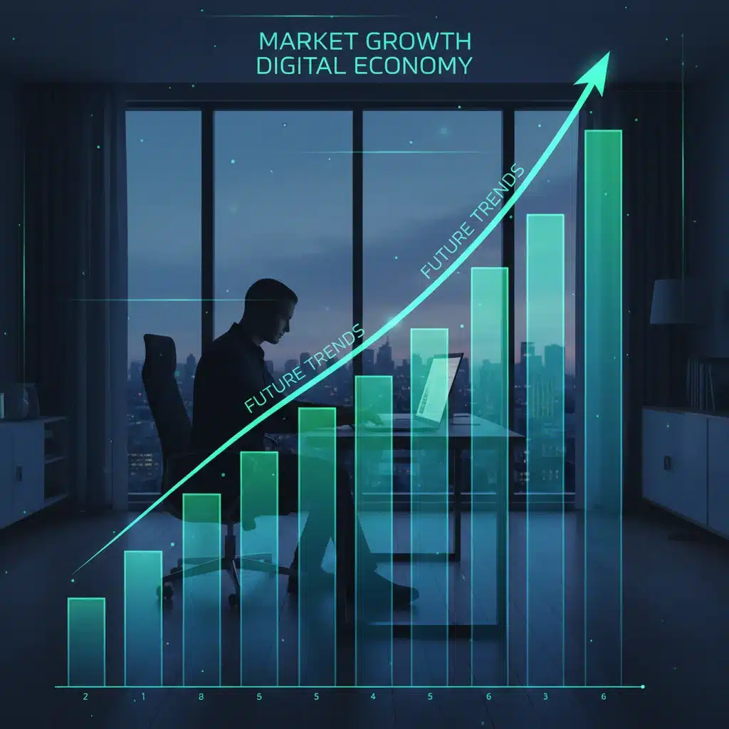 Market growth charts with remote worker silhouette, symbolizing gig economy expansion.