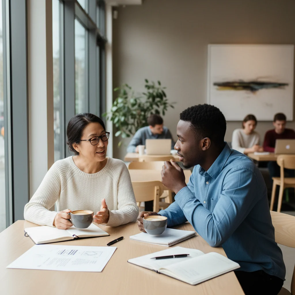 Mentor and mentee discussing career paths over coffee, highlighting professional guidance.