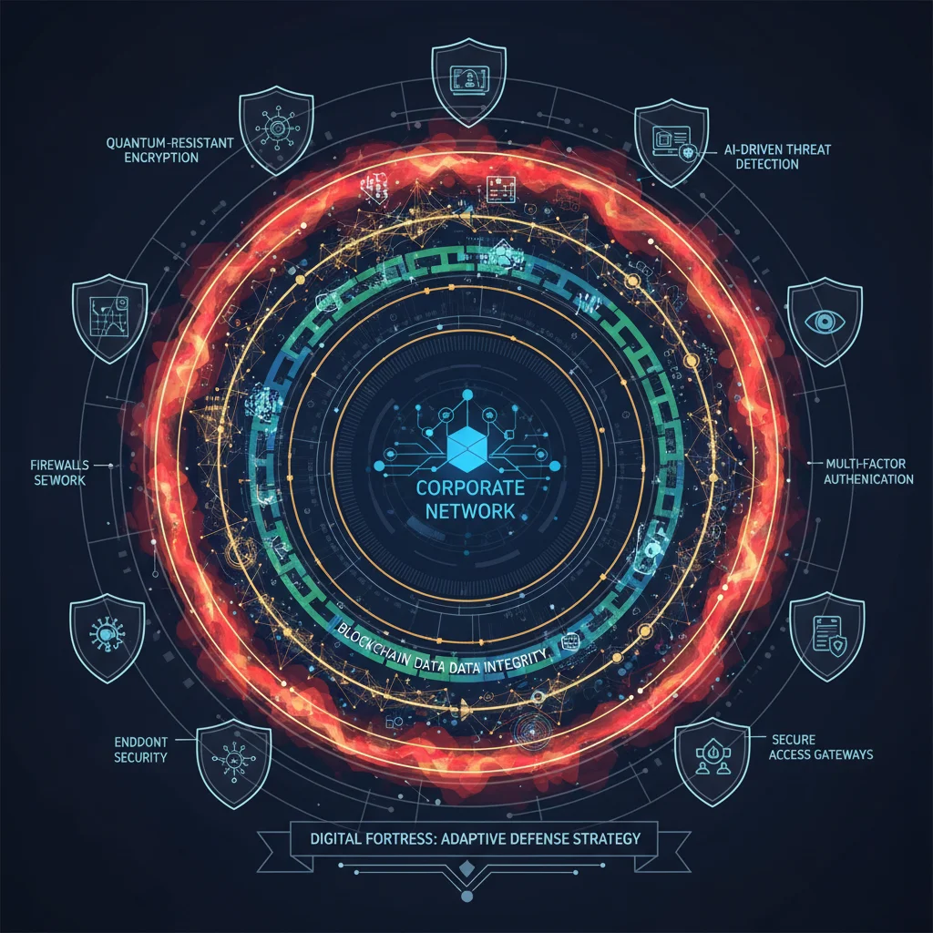 Multi-layered cybersecurity defense strategy with AI, blockchain, and quantum encryption.