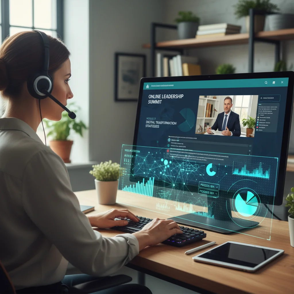 Professional engaging in an online learning course, emphasizing digital upskilling.