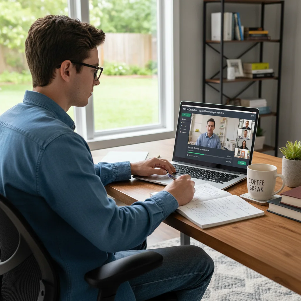 U.S. worker engaged in an online micro-credential course from a home office, demonstrating flexible learning.
