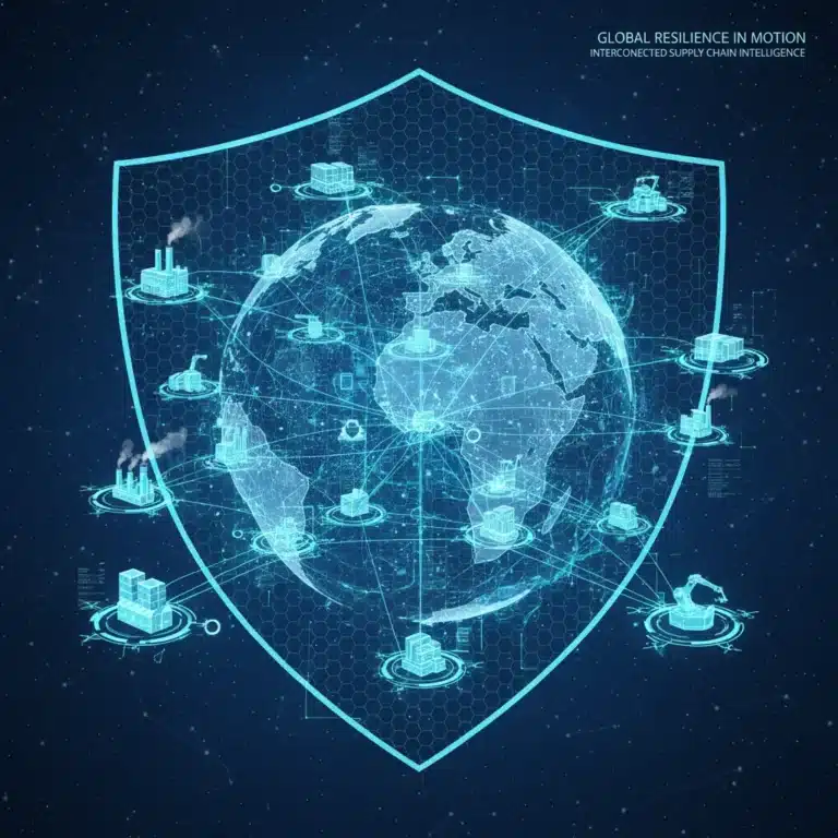 Digital visualization of a resilient global supply chain network, highlighting interconnectedness and secure data flow for manufacturers.