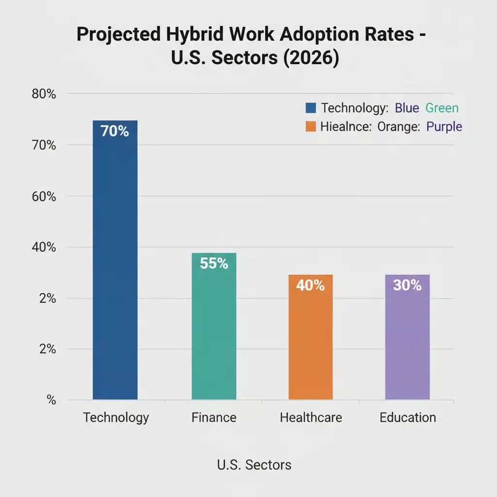 Projected hybrid work adoption rates across various U.S. sectors for 2026.