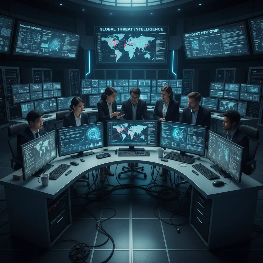 Cybersecurity analysts in a SOC monitoring real-time threat intelligence and incident response.