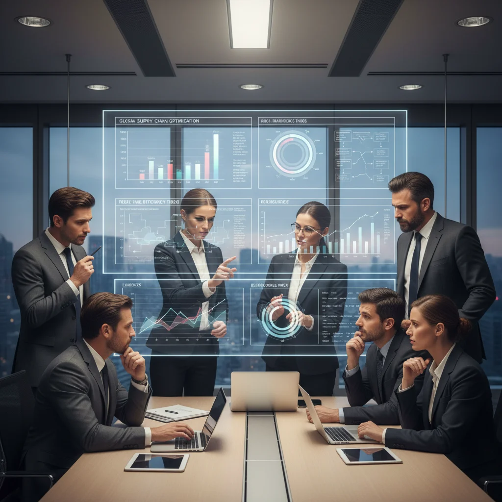 Business team analyzing supply chain data and strategizing risk mitigation