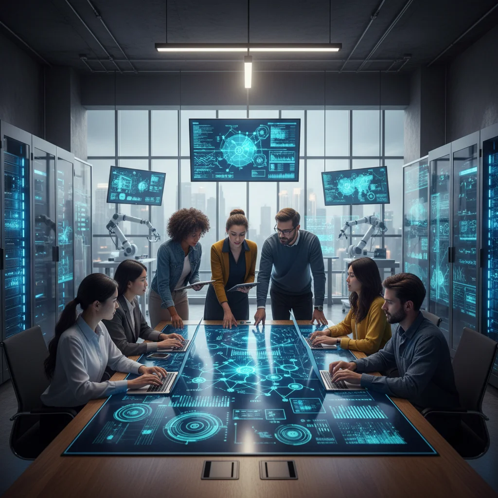 Professionals collaborating in a tech-driven office, highlighting innovation in AI and technology