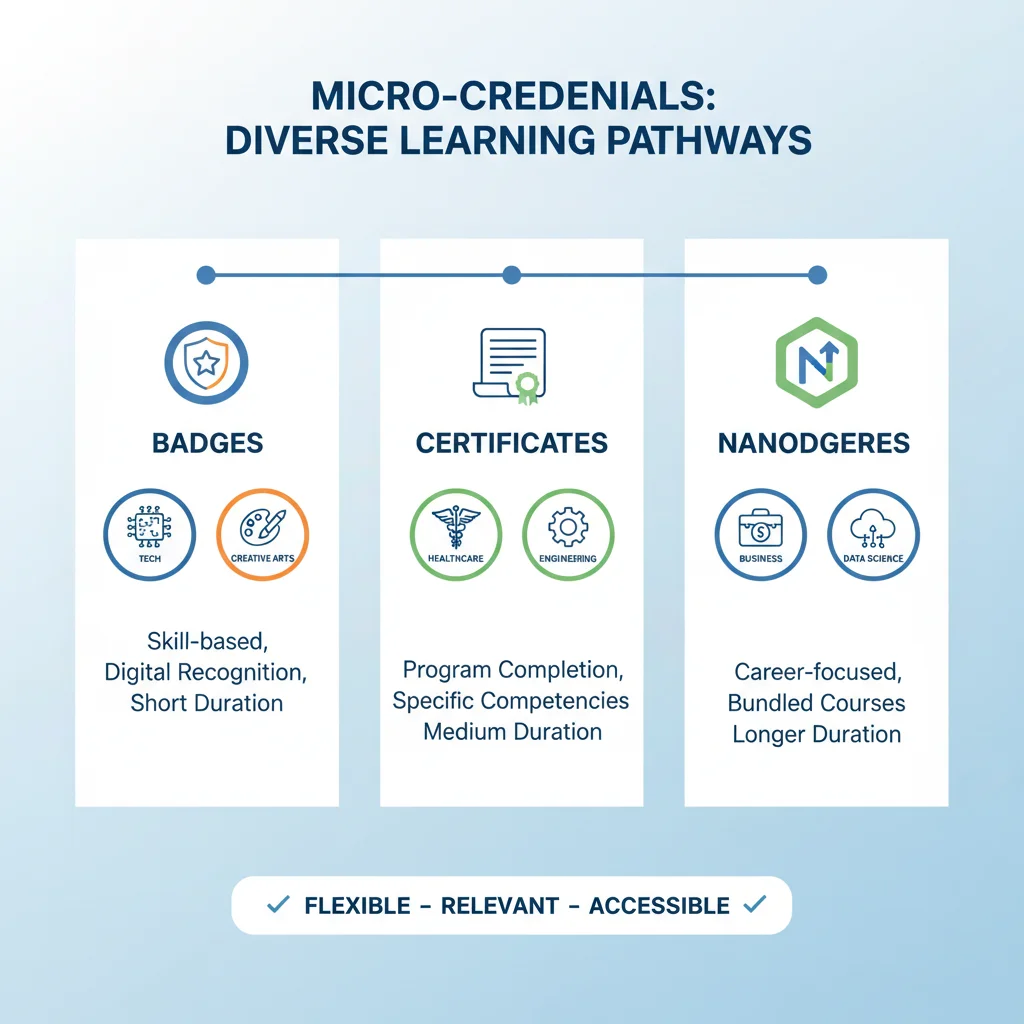 Infographic detailing various types of micro-credentials like badges, certificates, and nanodegrees across different industries.