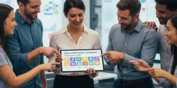 Mastering Micro-credentials: Your 4-Step Guide to Skill Acquisition in the U.S. Diverse U.S. workers collaboratively exploring micro-credential programs on a tablet, symbolizing skill acquisition and career growth.