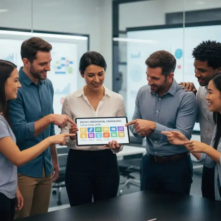 Diverse U.S. workers collaboratively exploring micro-credential programs on a tablet, symbolizing skill acquisition and career growth.